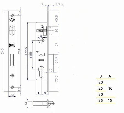 KALE 153 20mm W/B никель м/о 85мм без ЦМ Замок врезной б/руч от интернет площадки Гурумарт