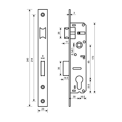 БУЛАТ ЗВ 4-1.30.85.23.08 нерж. сталь 30мм под ц/м, м/о 85 мм Замок врезной б/руч   от интернет площадки Гурумарт